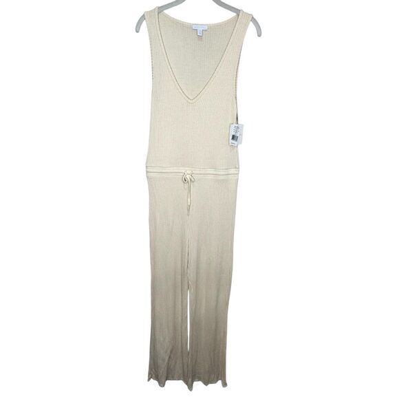 Beyond Yoga Jumpsuit Womens Medium Ivory Ribbed V-Neck Drawstring Made in USA - Picture 1 of 12
